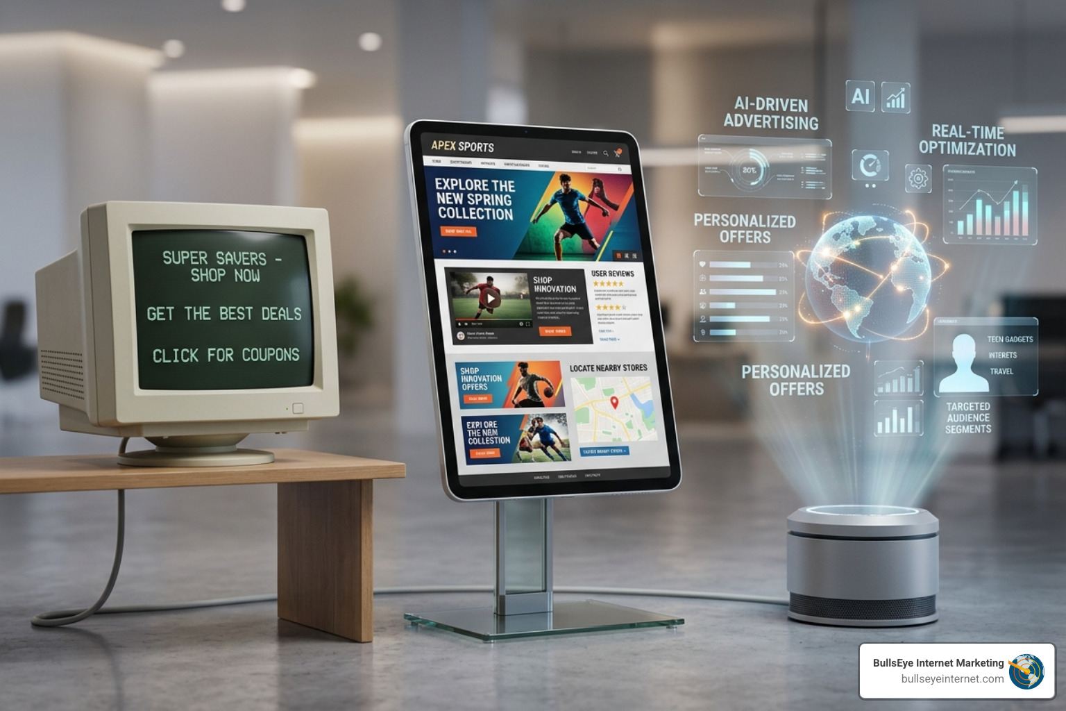 Timeline showing the transition from Google AdWords in 2000 to the Google Ads rebranding in 2018 and AI integration in 2026 Vintage computer displaying "Super Savers - Shop Now" and modern tablet showcasing Apex Sports website with personalized offers, AI-driven advertising, and real-time optimization graphics, representing the evolution of digital marketing strategies.