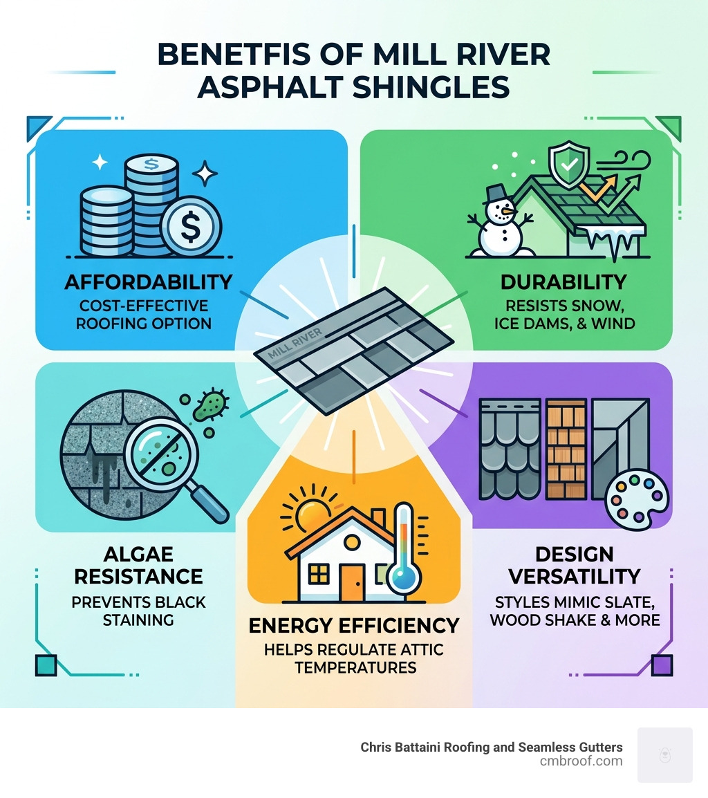 Infographic showing benefits of Mill River asphalt shingles: affordability, durability, algae resistance, energy efficiency