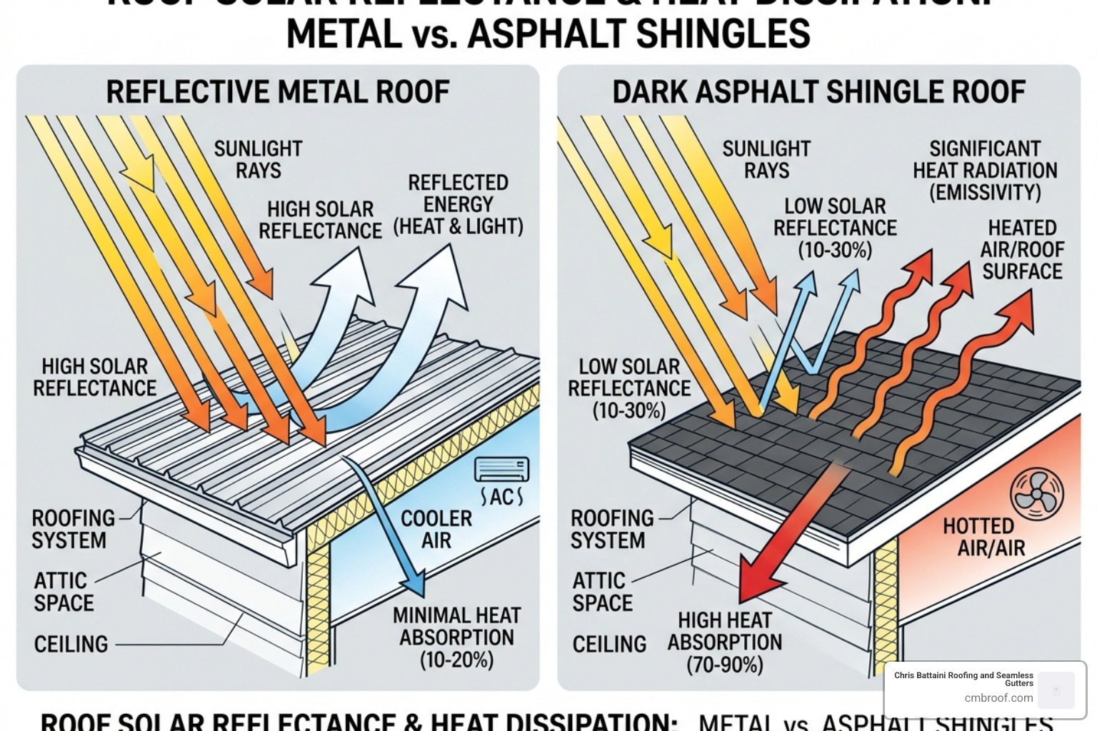Diagram illustrating solar reflectance and heat reflection on a metal surface - energy efficient metal roof