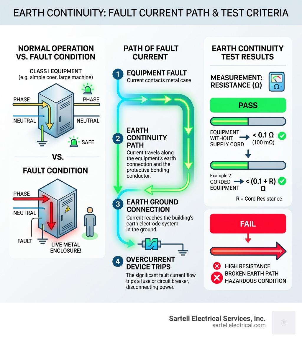 Infographic showing path of fault current through Class I equipment to earth ground with resistance limits and pass/fail