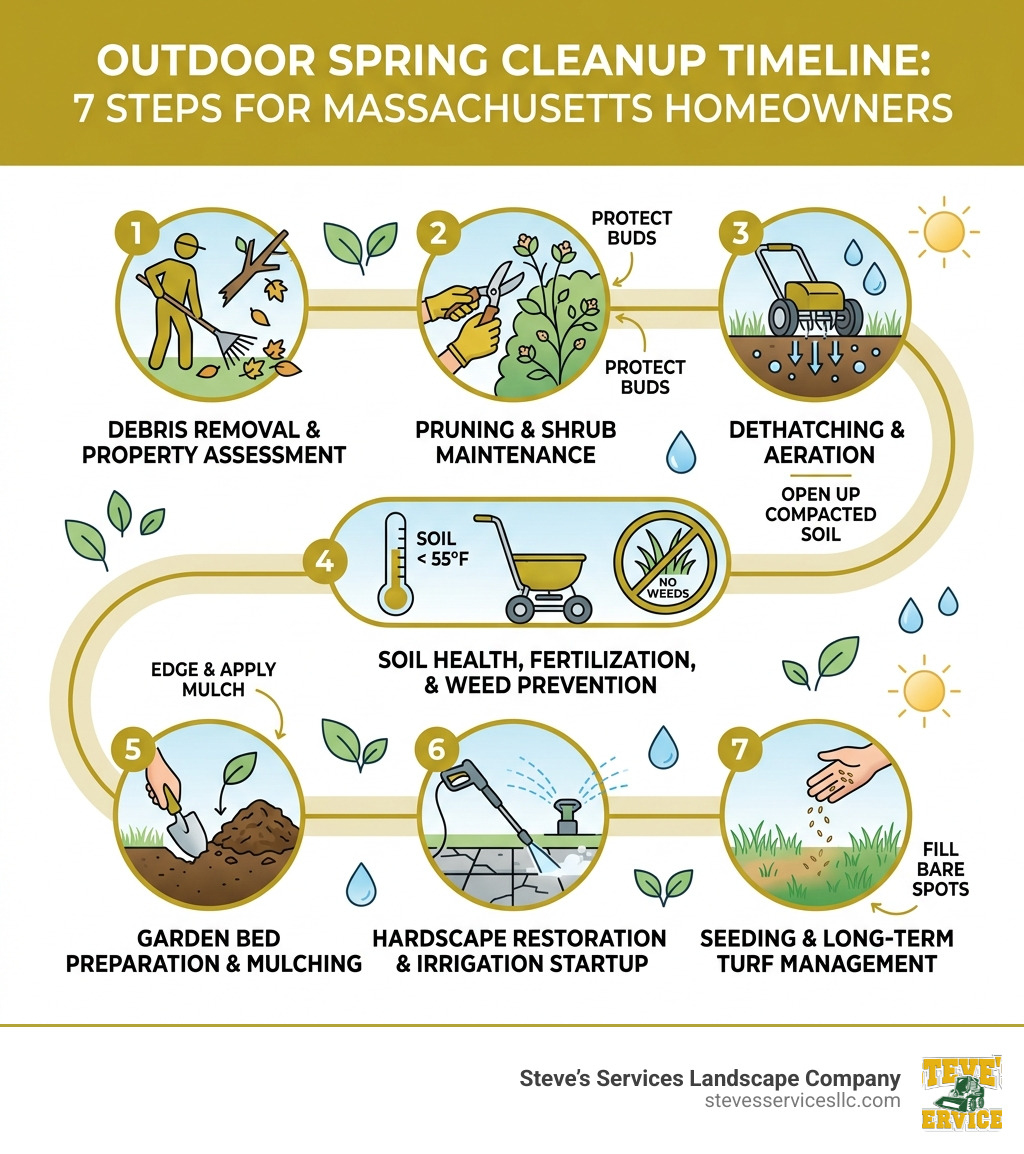 7-step outdoor spring cleanup timeline infographic for Massachusetts homeowners - outdoor spring cleanup infographic 7-step outdoor spring cleanup timeline infographic for Massachusetts homeowners - outdoor spring cleanup infographic