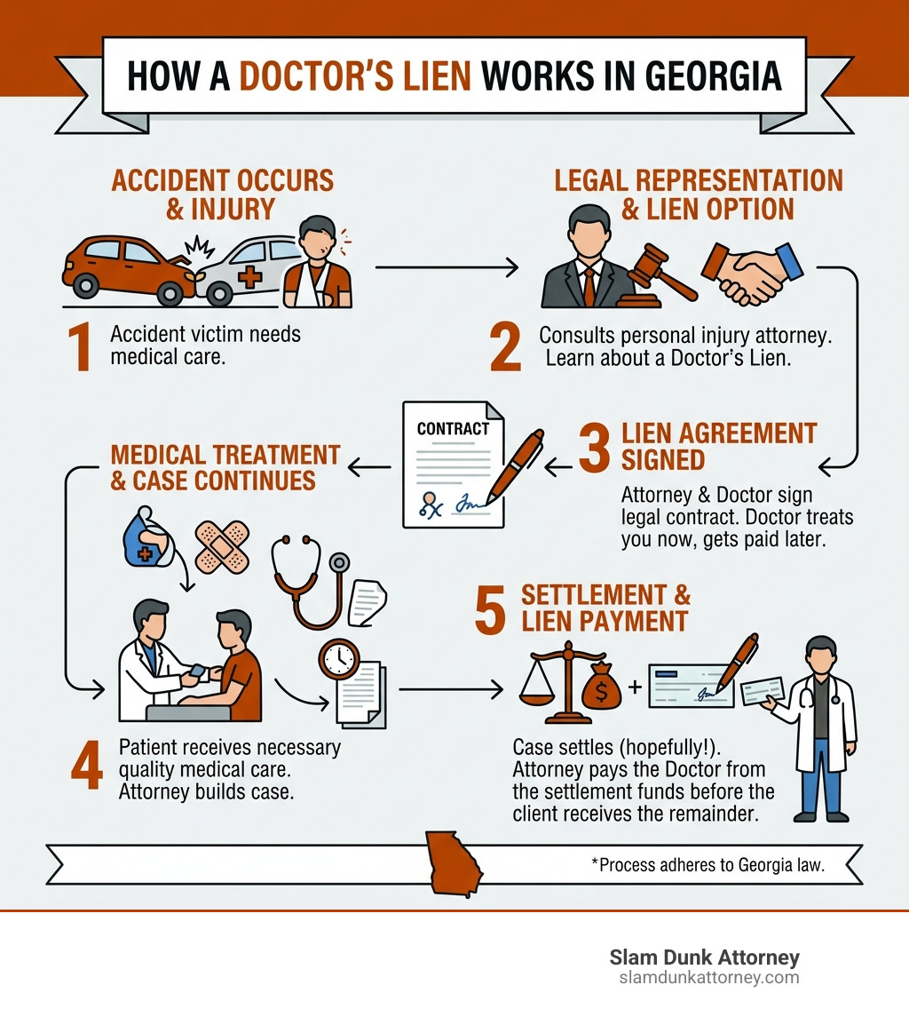 infografía que muestra cómo funciona el gravamen médico paso a paso en un caso de lesiones personales en Georgia - infografía de gravamen médico infographic showing how a doctors lien works step by step in a Georgia personal injury case - doctors lien infographic