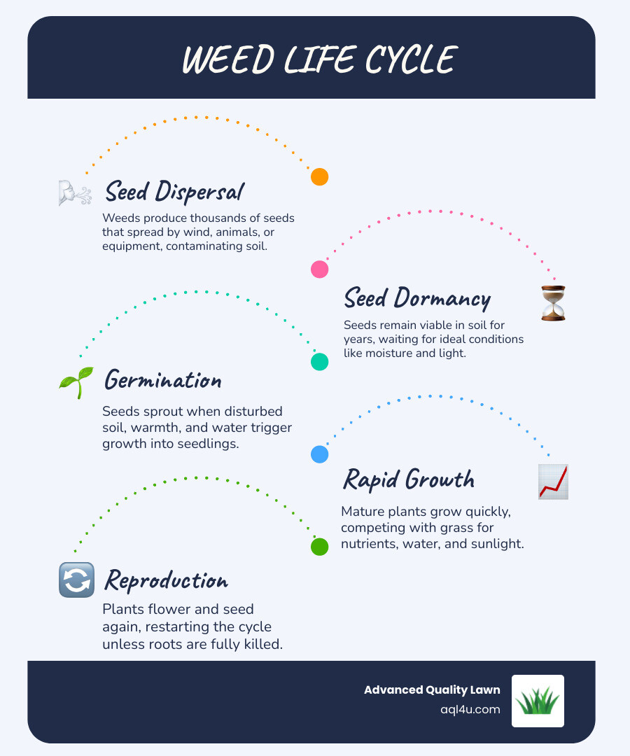Infographic showing weed life cycle, seed dormancy stages, and best kill solutions by location - best solution to kill weeds