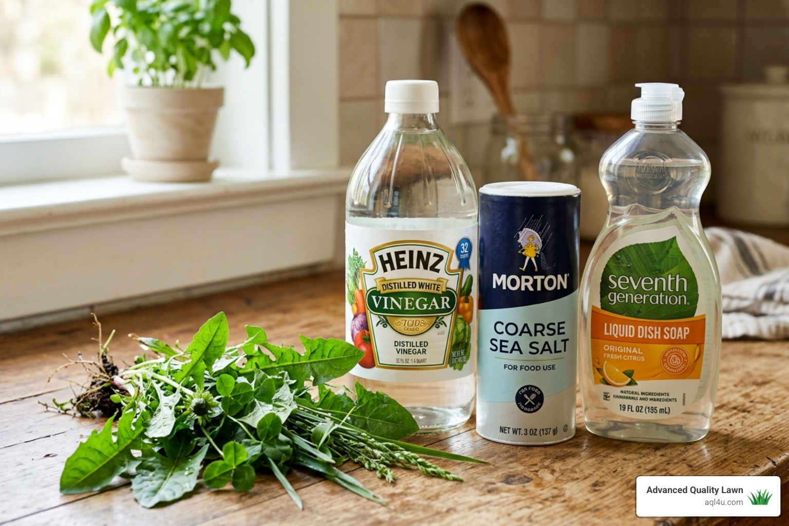 Natural kitchen ingredients for weed killing like white vinegar, salt, and dish soap - best solution to kill weeds