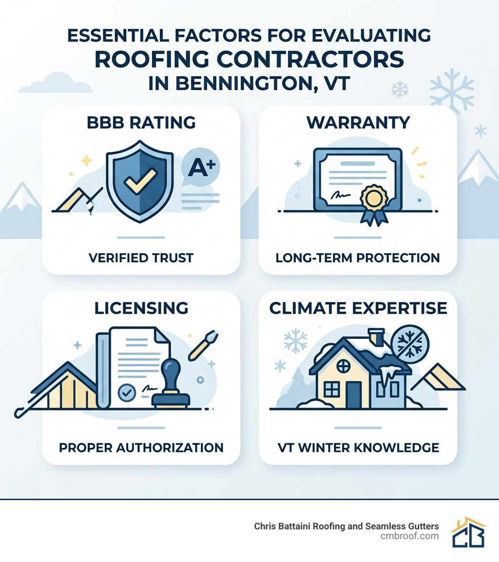 Infographic showing top factors to evaluate roofing contractors in Bennington VT including BBB rating, warranty, licensing