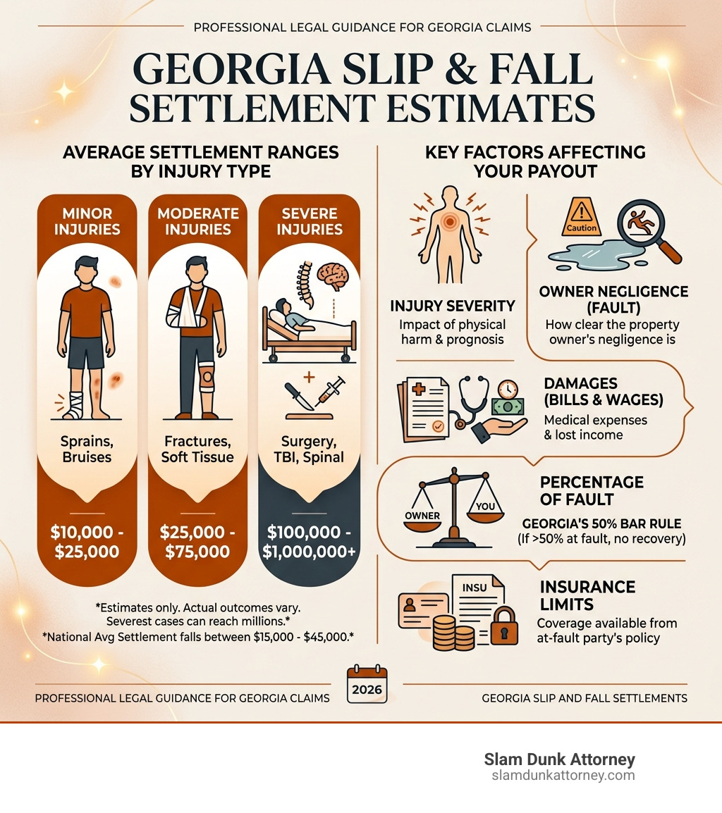 Infographic showing average slip and fall settlement ranges by injury type and key factors affecting payout in Georgia