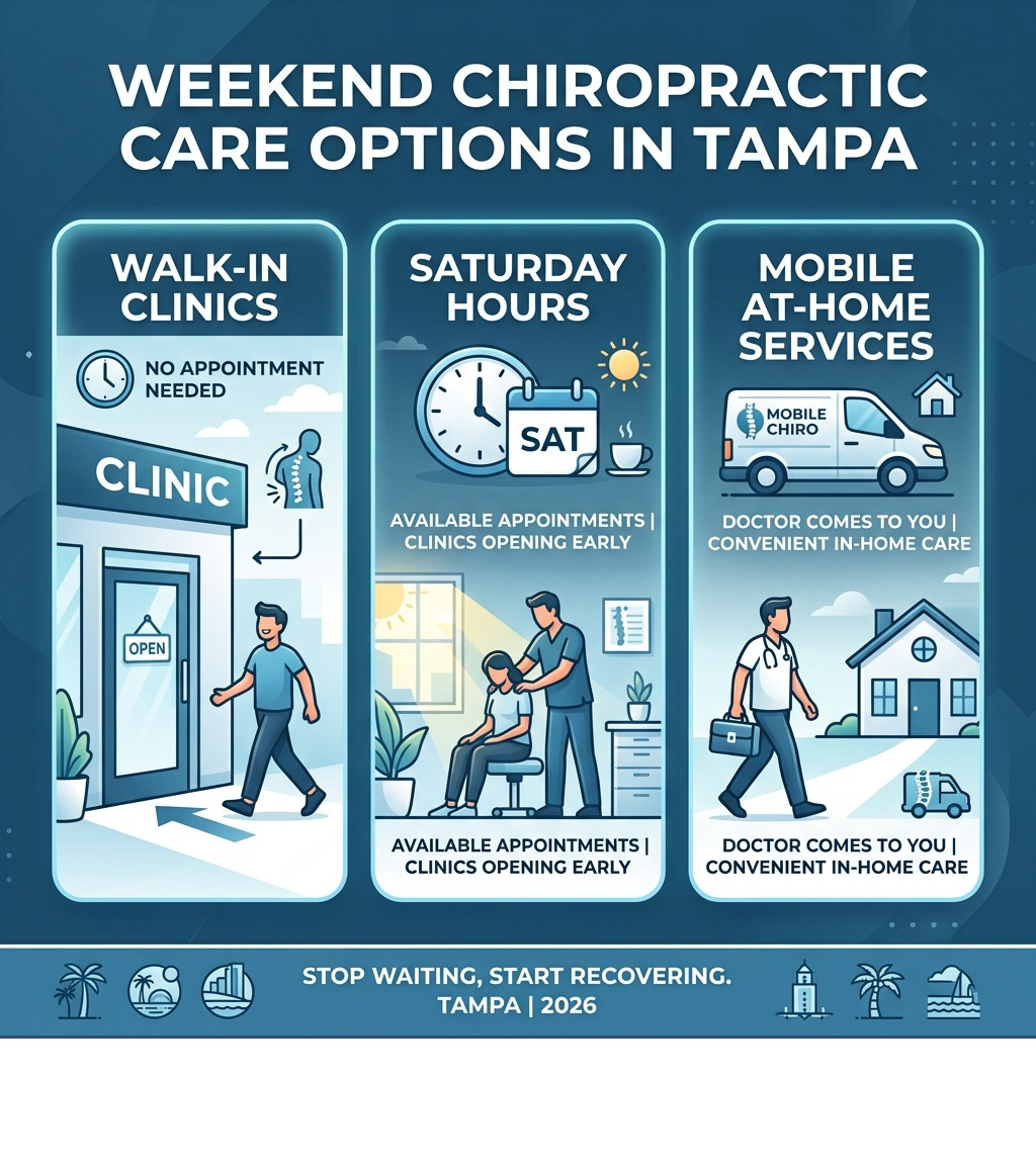 Infographic showing weekend chiropractic care options in Tampa including walk-in clinics, Saturday hours, and mobile at-home