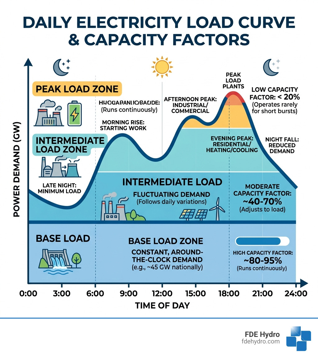 Daily load curve showing base load, intermediate load, and peak load zones with capacity factors - what is base load