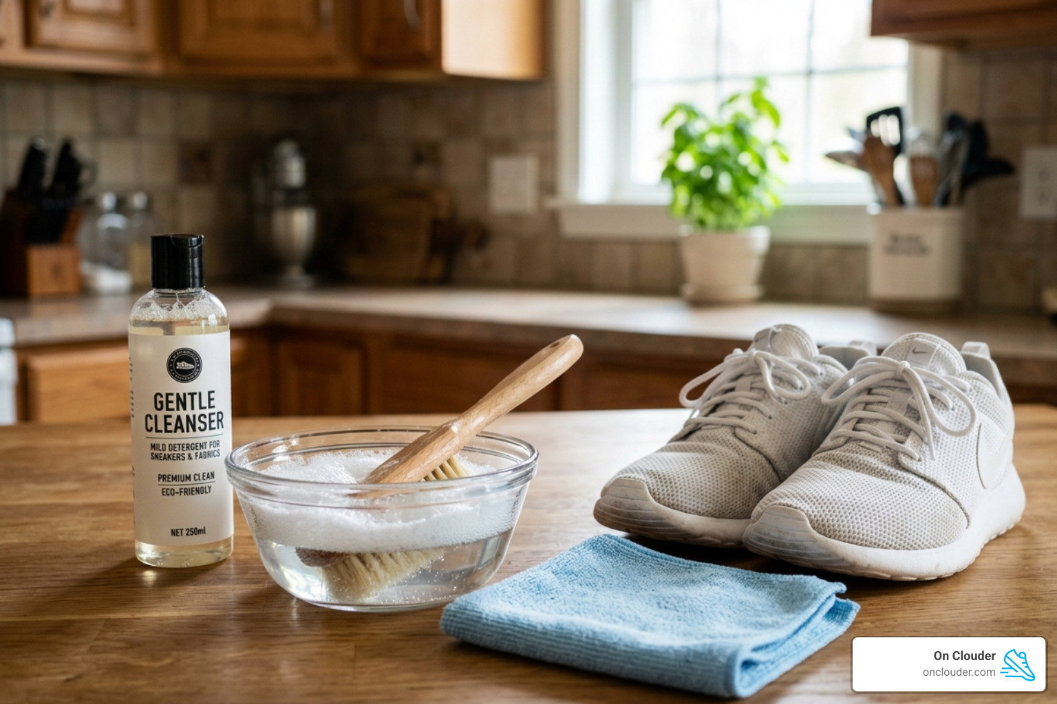 Essential hand-cleaning supplies for mesh sneakers including soft brush, bowl, and cloth - best way to clean mesh sneakers