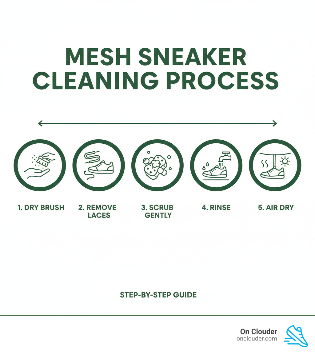 5-step mesh sneaker cleaning process infographic showing dry brush, remove laces, scrub, rinse, air dry - best way to clean