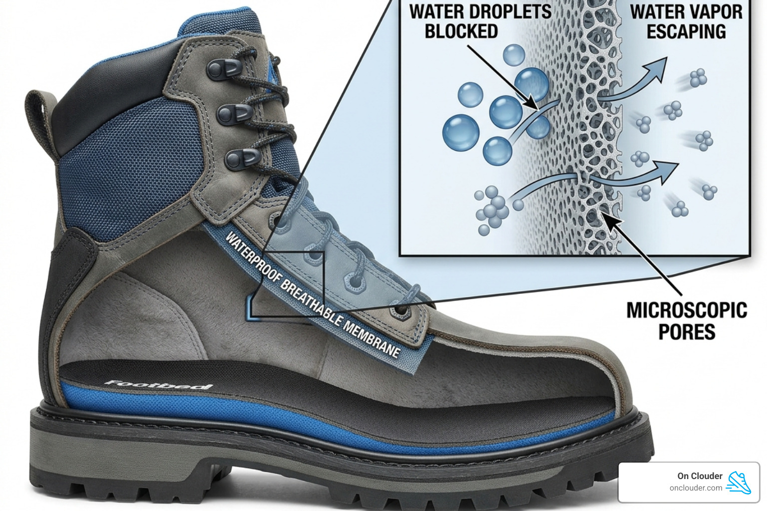 Cross-section of a waterproof breathable membrane showing microscopic pores - waterproof and breathable work boots