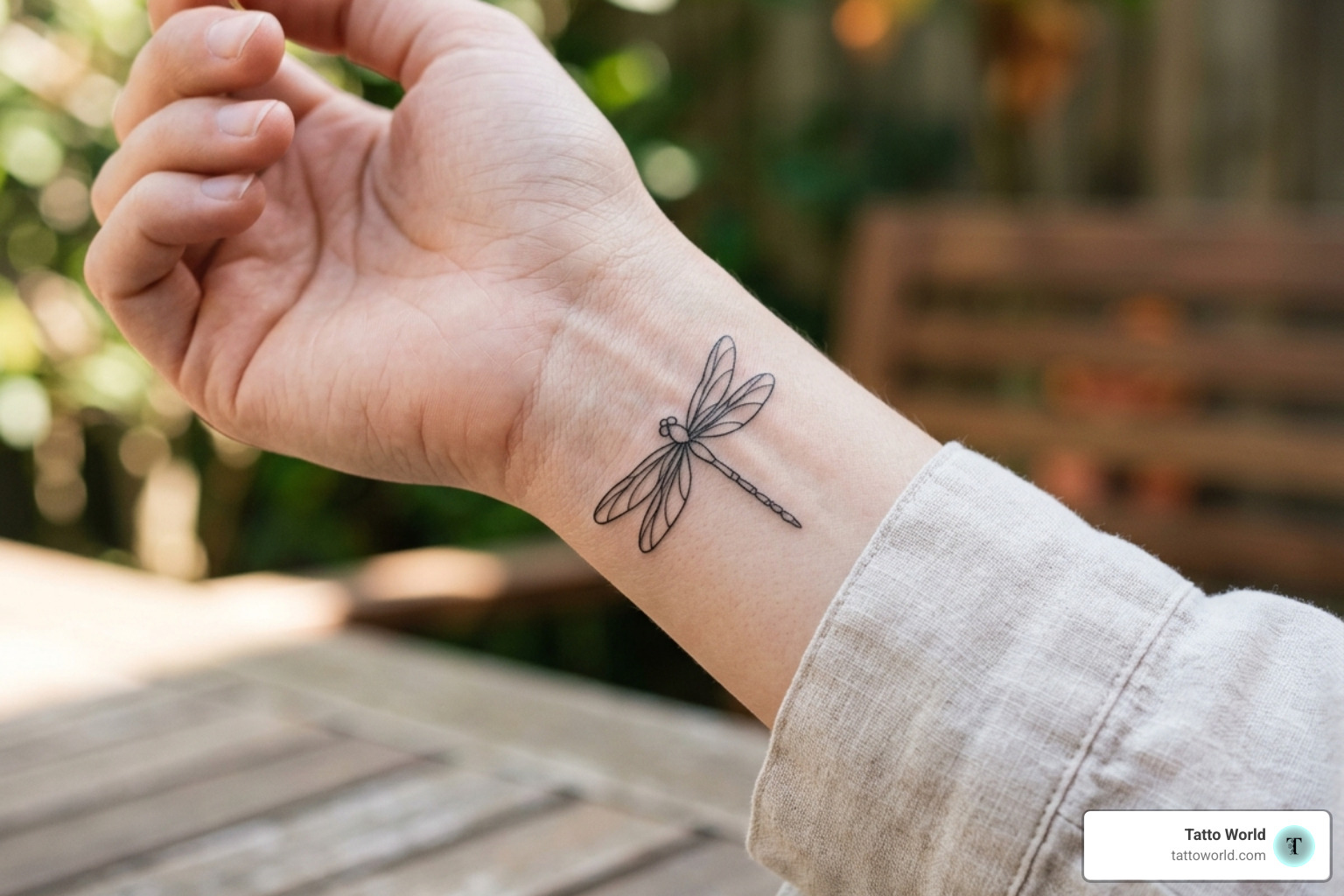 Minimalist dragonfly tattoo on a wrist representing adaptability - bug tattoo meaning