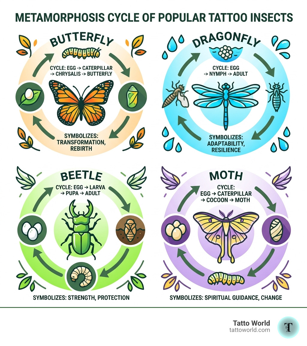 Metamorphosis cycle of popular tattoo insects: butterfly, dragonfly, beetle, moth - bug tattoo meaning infographic 