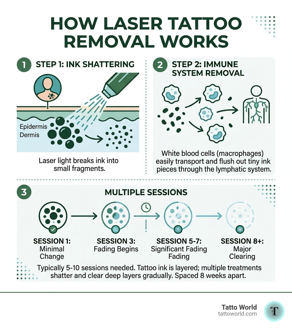 Infographic showing how laser tattoo removal works: ink shattering, immune removal, sessions needed - laser tattoo removal Infographic showing how laser tattoo removal works: ink shattering, immune removal, sessions needed - laser tattoo removal