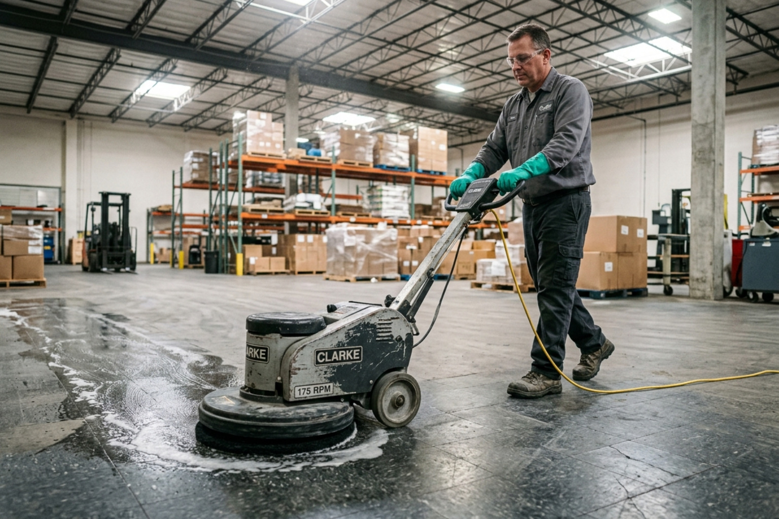 professional floor machine with black stripping pad - strip and wax a floor