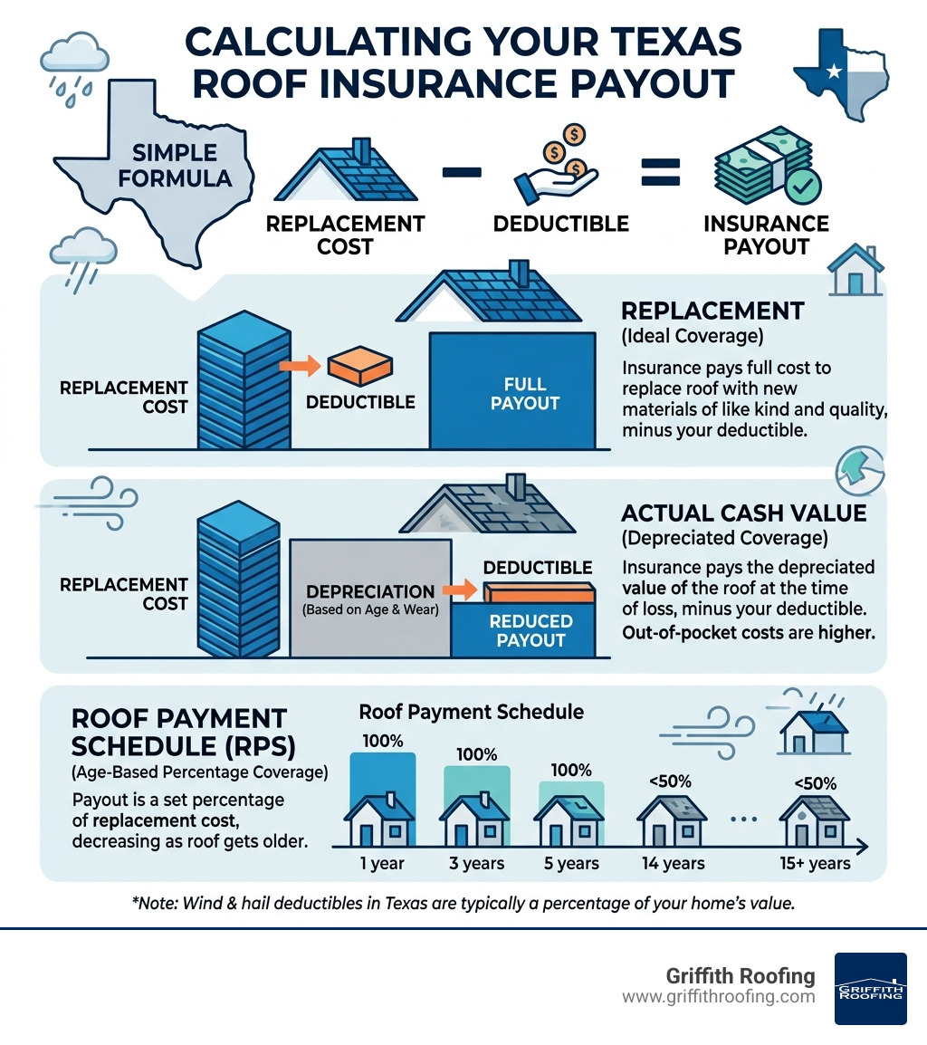 Infographic showing Texas roof insurance payout formula: replacement cost minus deductible equals insurance payout, with ACV Infographic showing Texas roof insurance payout formula: replacement cost minus deductible equals insurance payout, with ACV