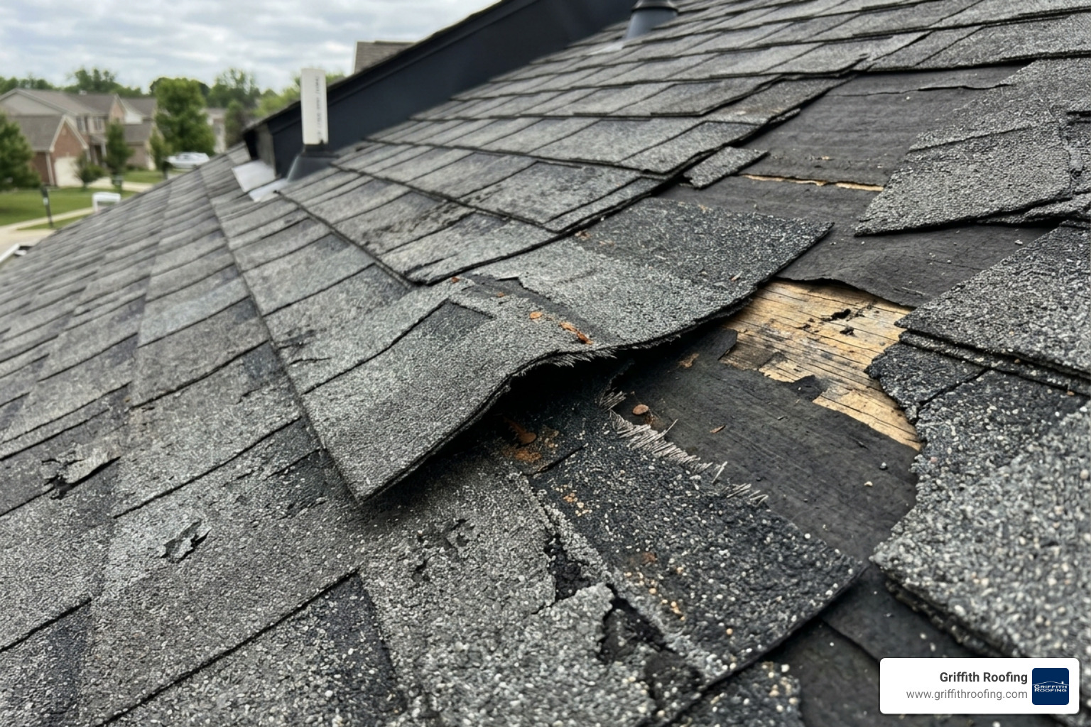 Close-up of wind-damaged shingles with missing granules and lifted edges - how much does insurance pay for roof replacement Close-up of wind-damaged shingles with missing granules and lifted edges - how much does insurance pay for roof replacement