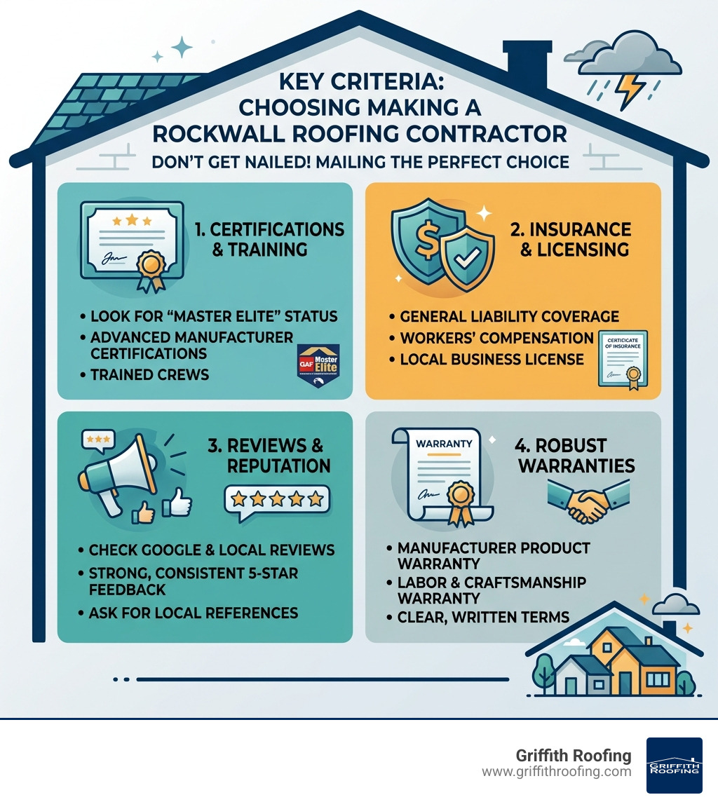 Key criteria for choosing a roofing contractor in Rockwall TX including certifications, insurance, reviews, and warranties Key criteria for choosing a roofing contractor in Rockwall TX including certifications, insurance, reviews, and warranties