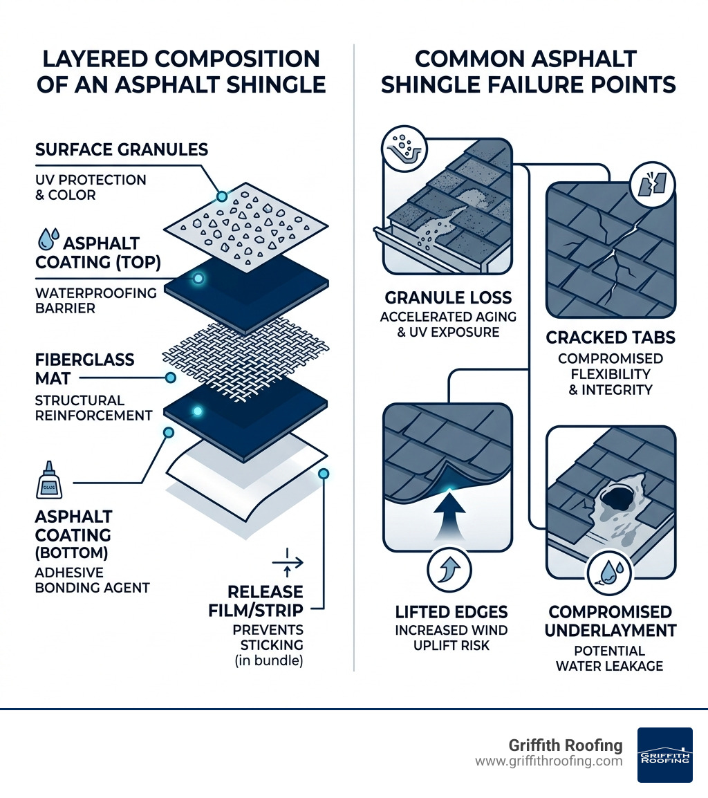 Infographic showing layers of an asphalt shingle and common failure points including granule loss, cracked tabs, lifted