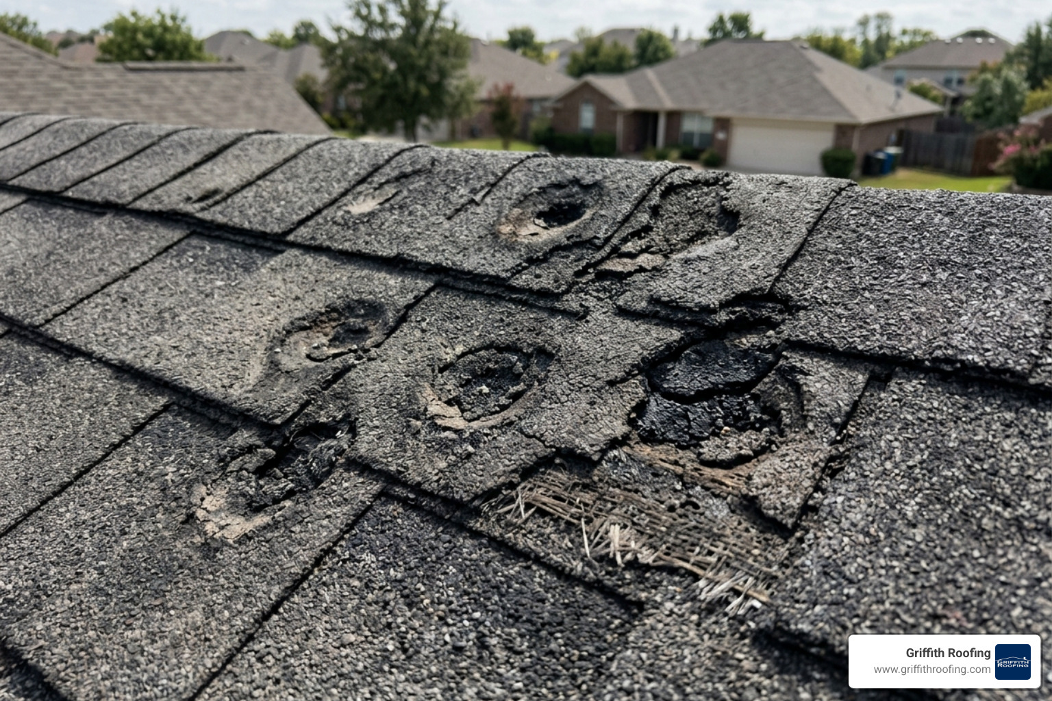 Close-up of hail-damaged asphalt shingles showing bruised spots and missing granules - southlake asphalt shingle repair