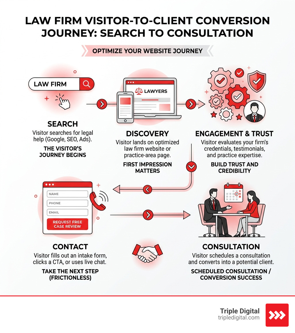 Law firm visitor-to-client conversion journey infographic showing stages from search to consultation - conversion Law firm visitor-to-client conversion journey infographic showing stages from search to consultation - conversion