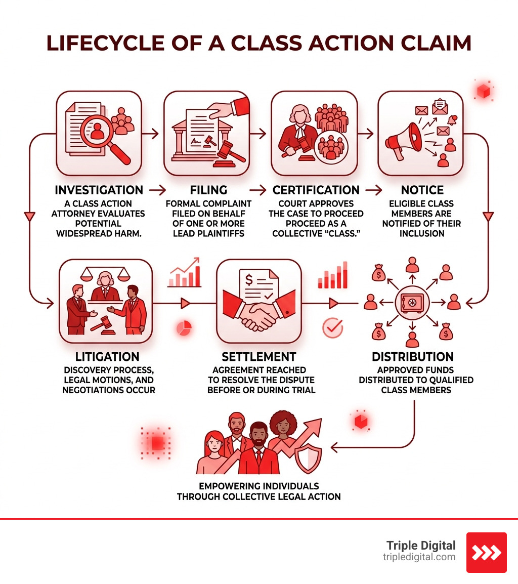Lifecycle of a class action claim from filing to settlement distribution - class action lawsuit attorney infographic 