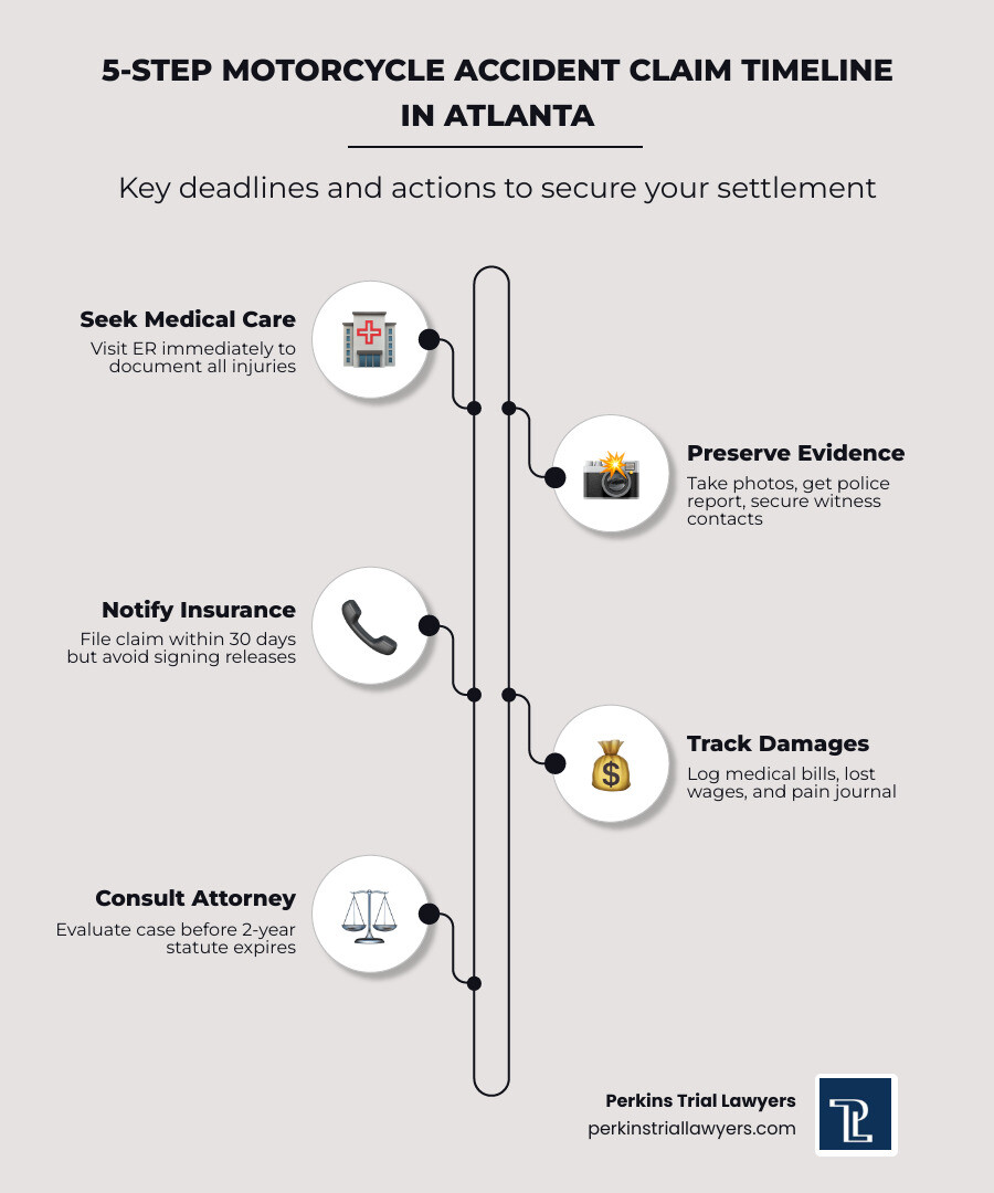 5-step motorcycle accident claim timeline in Atlanta with settlement ranges and key deadlines - motorcycle injury settlement