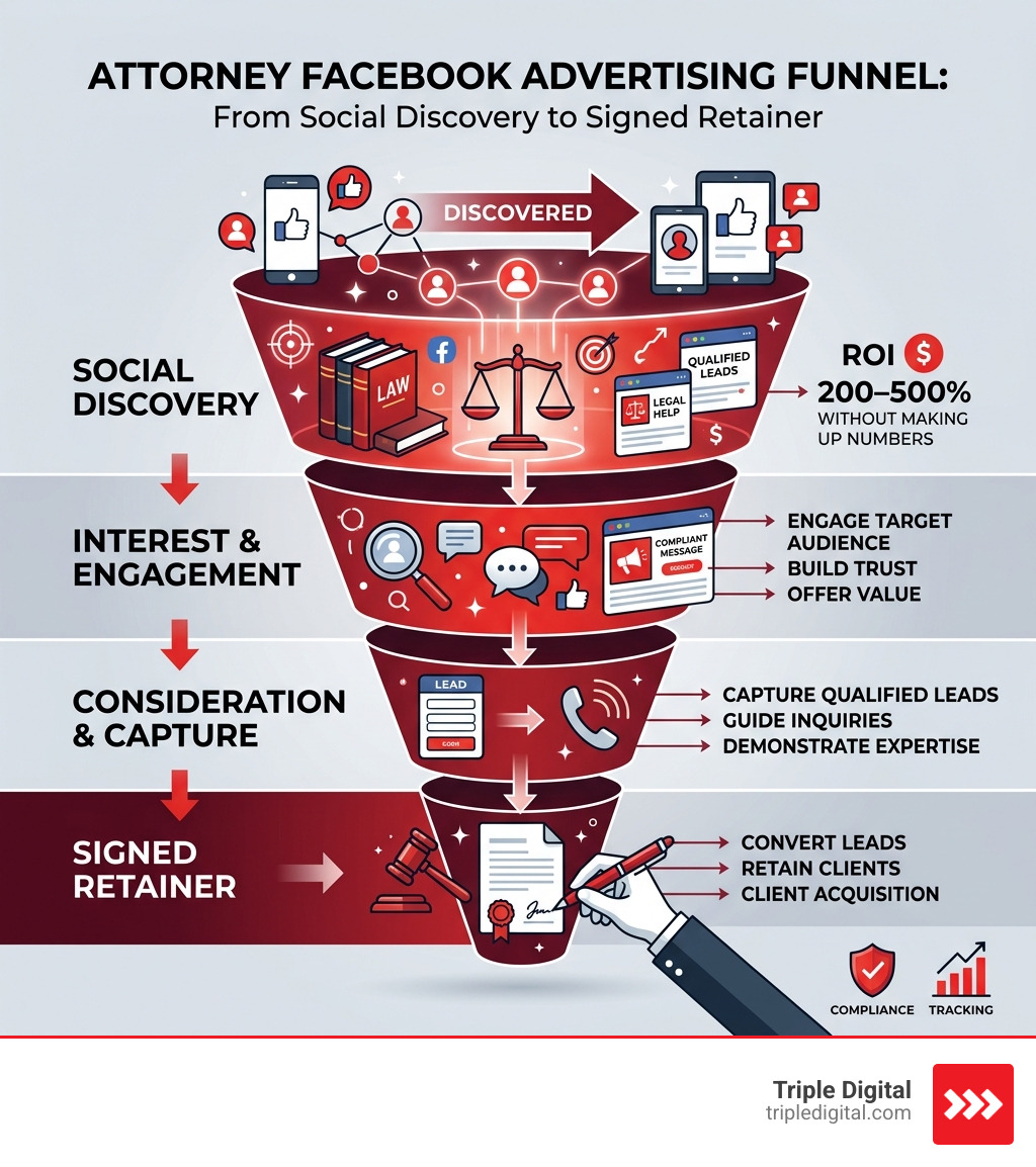 Attorney Facebook advertising funnel from social discovery to signed retainer infographic - Attorney Facebook advertising