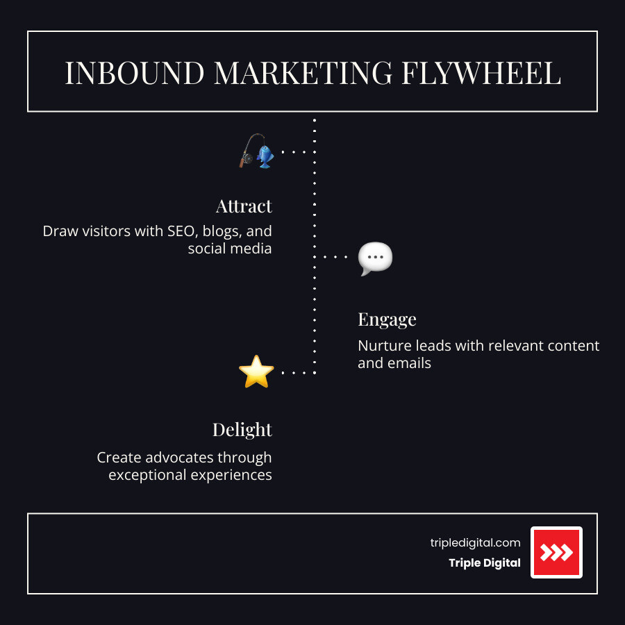 Inbound Marketing Flywheel showing Attract, Engage, and Delight stages with SEO, content, and email - inbound marketing