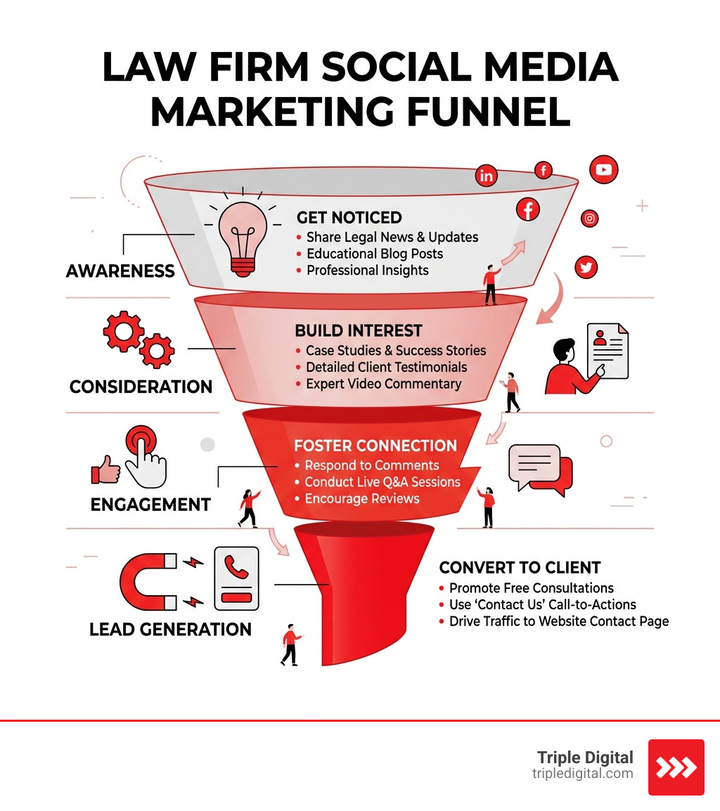 Law firm social media marketing funnel from awareness to lead generation - best social media sites for law firms infographic 