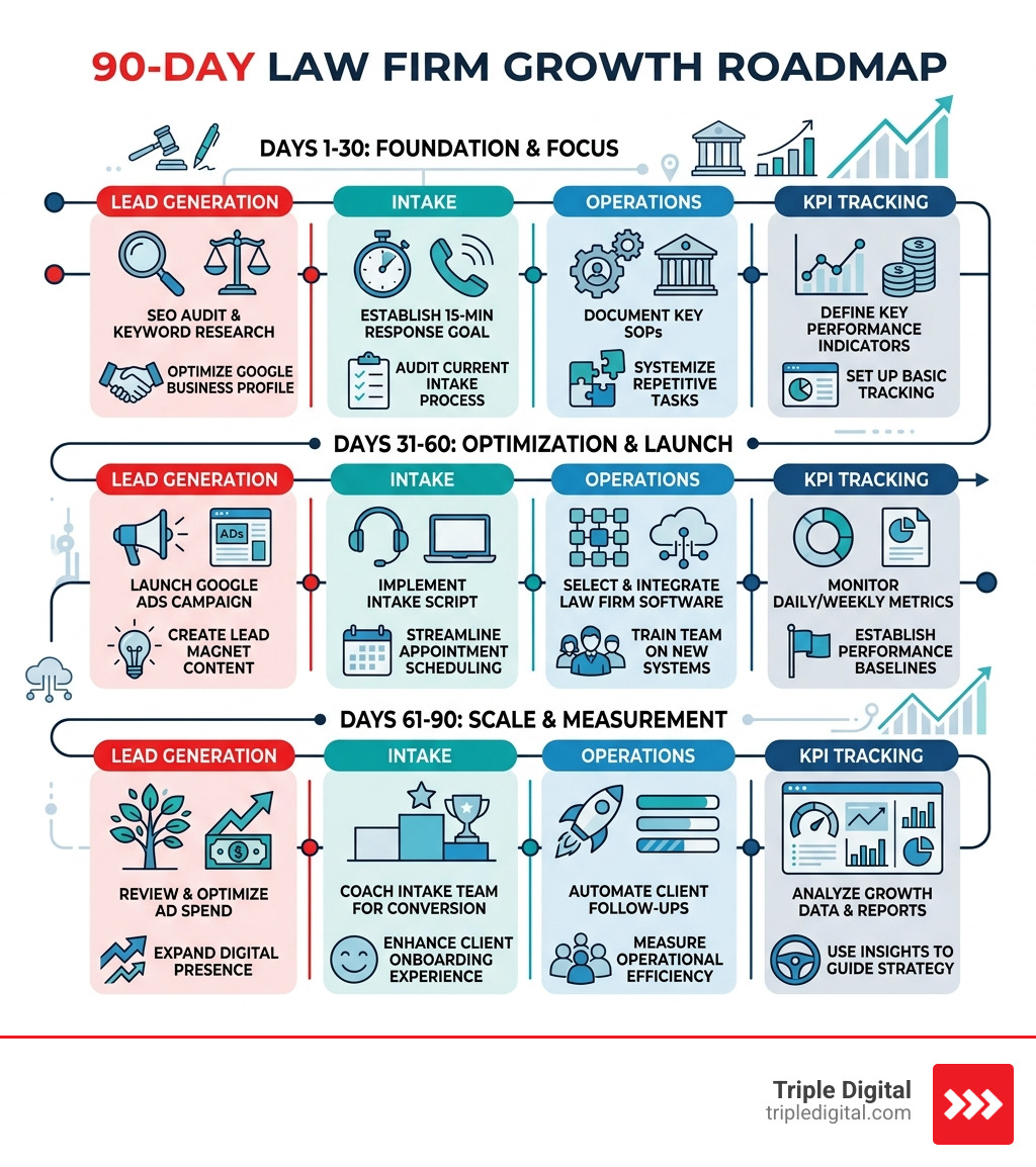 90-day law firm growth roadmap with phases for lead generation, intake, operations, and KPI tracking - Grow my law firm 90-day law firm growth roadmap with phases for lead generation, intake, operations, and KPI tracking - Grow my law firm