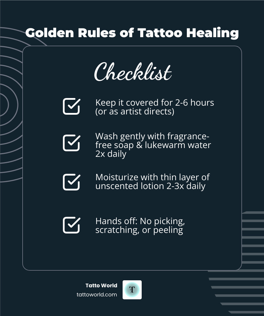 Golden rules of tattoo healing infographic: cover, clean, moisturize, avoid sun and water, no picking - beginner tattoo Golden rules of tattoo healing infographic: cover, clean, moisturize, avoid sun and water, no picking - beginner tattoo