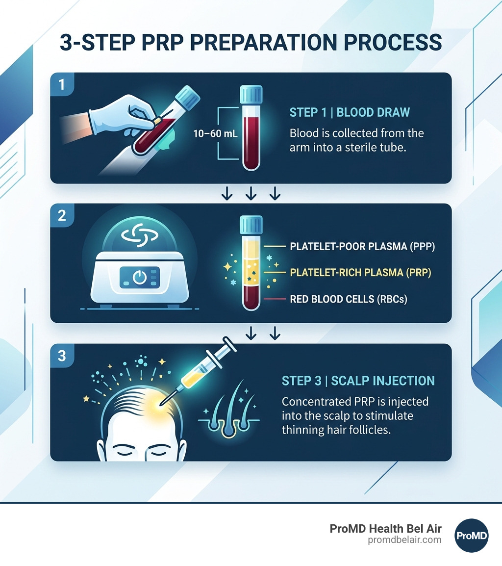 3-step PRP preparation process: blood draw, centrifuge separation, scalp injection infographic - plasma hair regrowth