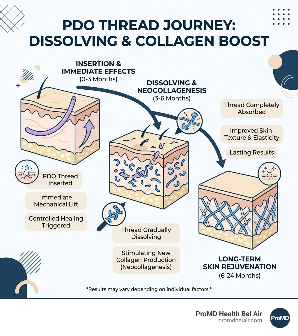 Infographic showing how PDO threads dissolve and trigger collagen production (neocollagenesis) over 6-24 months - are pdo