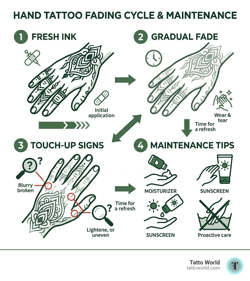 Infographic showing the hand tattoo fading cycle: fresh ink, gradual fade, touch-up signs, and maintenance tips - hand Infographic showing the hand tattoo fading cycle: fresh ink, gradual fade, touch-up signs, and maintenance tips - hand