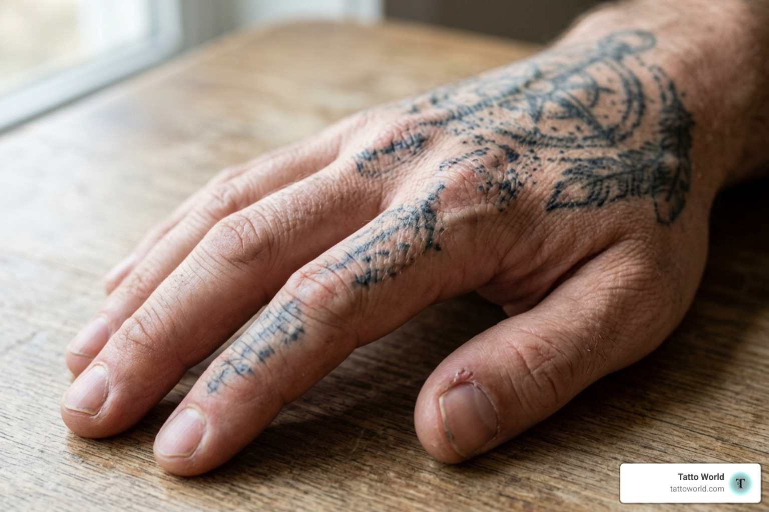 A close-up image of patchy finger ink and faded lines on a hand tattoo - hand tattoo touch up A close-up image of patchy finger ink and faded lines on a hand tattoo - hand tattoo touch up