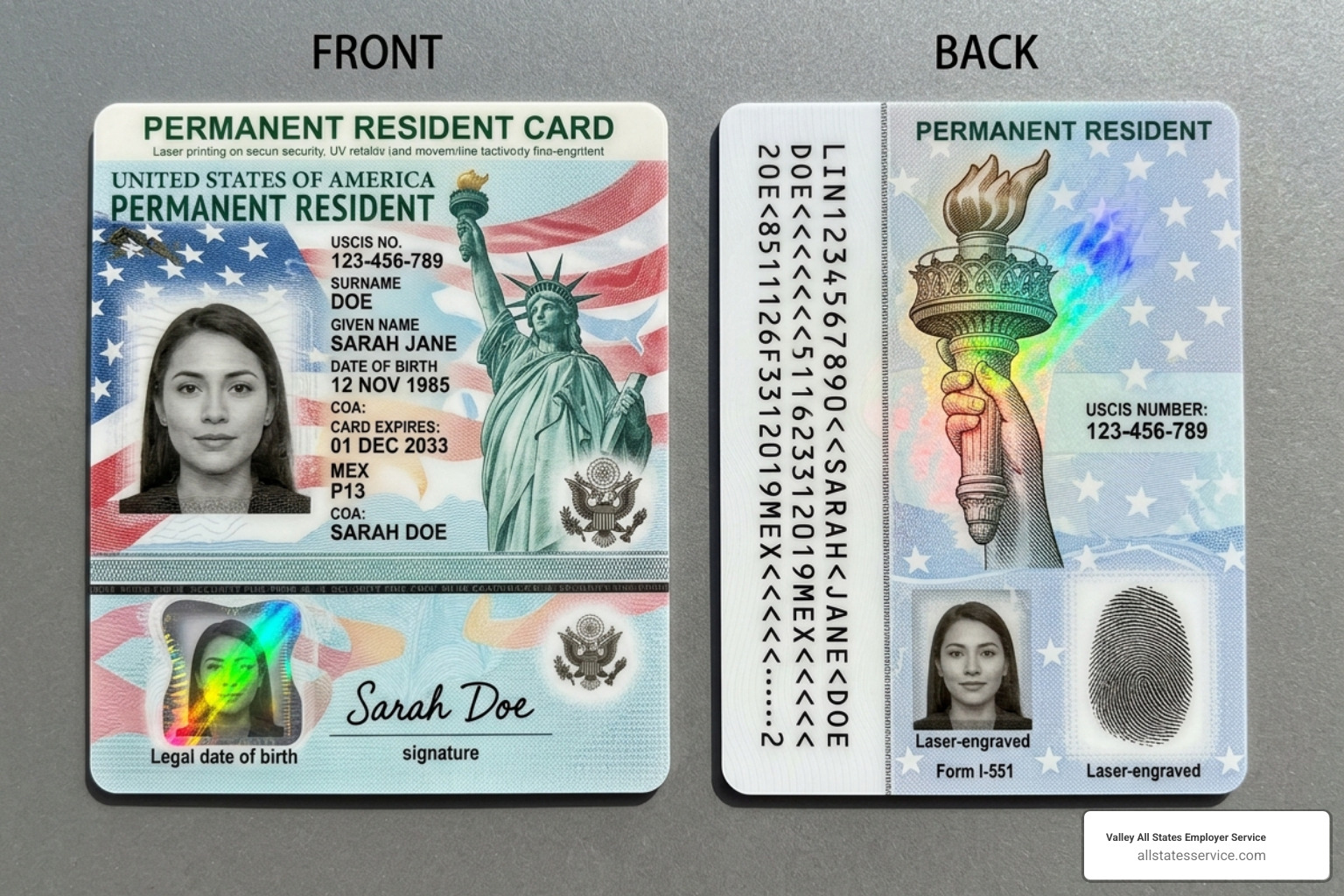 A detailed view highlighting the front and back security features of the 2023 redesigned Green Card - permanent resident