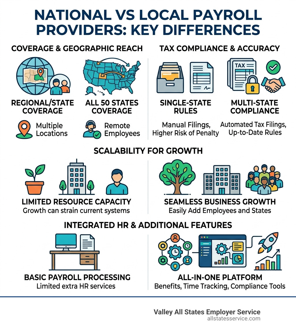 Infographic comparing local vs national payroll providers: coverage, tax compliance, scalability, and HR features - national