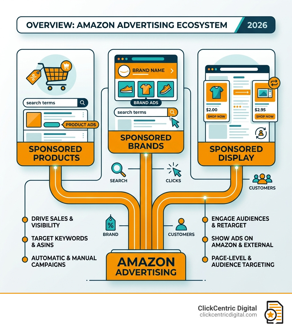 Overview of the Amazon advertising ecosystem including Sponsored Products, Brands, and Display - amazon ppc course