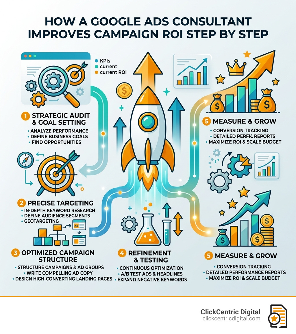 How a Google Ads consultant improves campaign ROI step by step - google advertising consultant infographic 