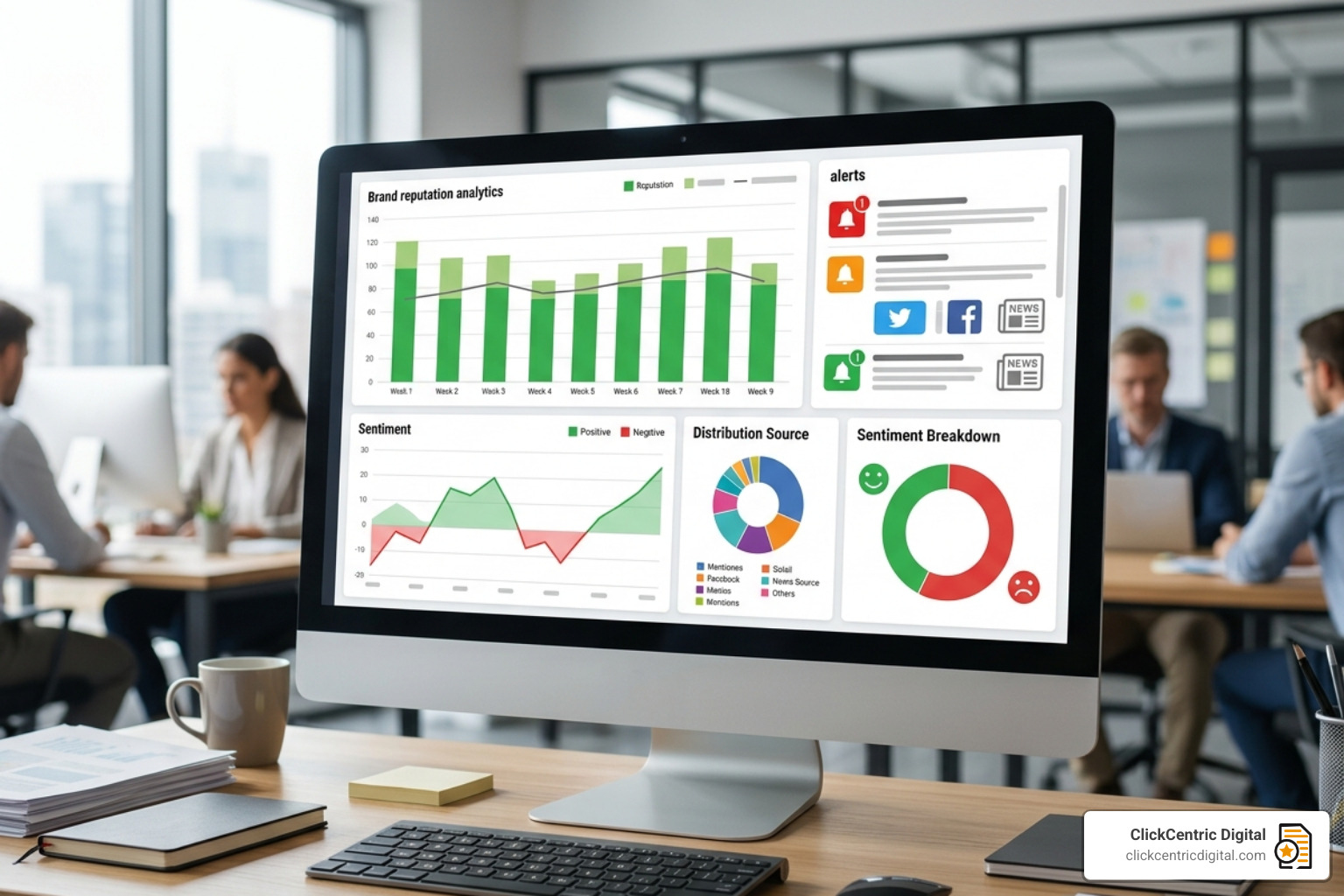 digital brand reputation dashboard showing sentiment and alerts - reputation monitoring tools
