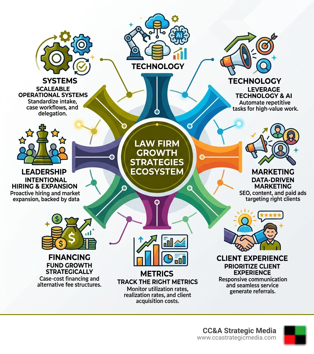 Law firm growth strategies ecosystem infographic showing 7 pillars: systems, technology, marketing, client experience Law firm growth strategies ecosystem infographic showing 7 pillars: systems, technology, marketing, client experience