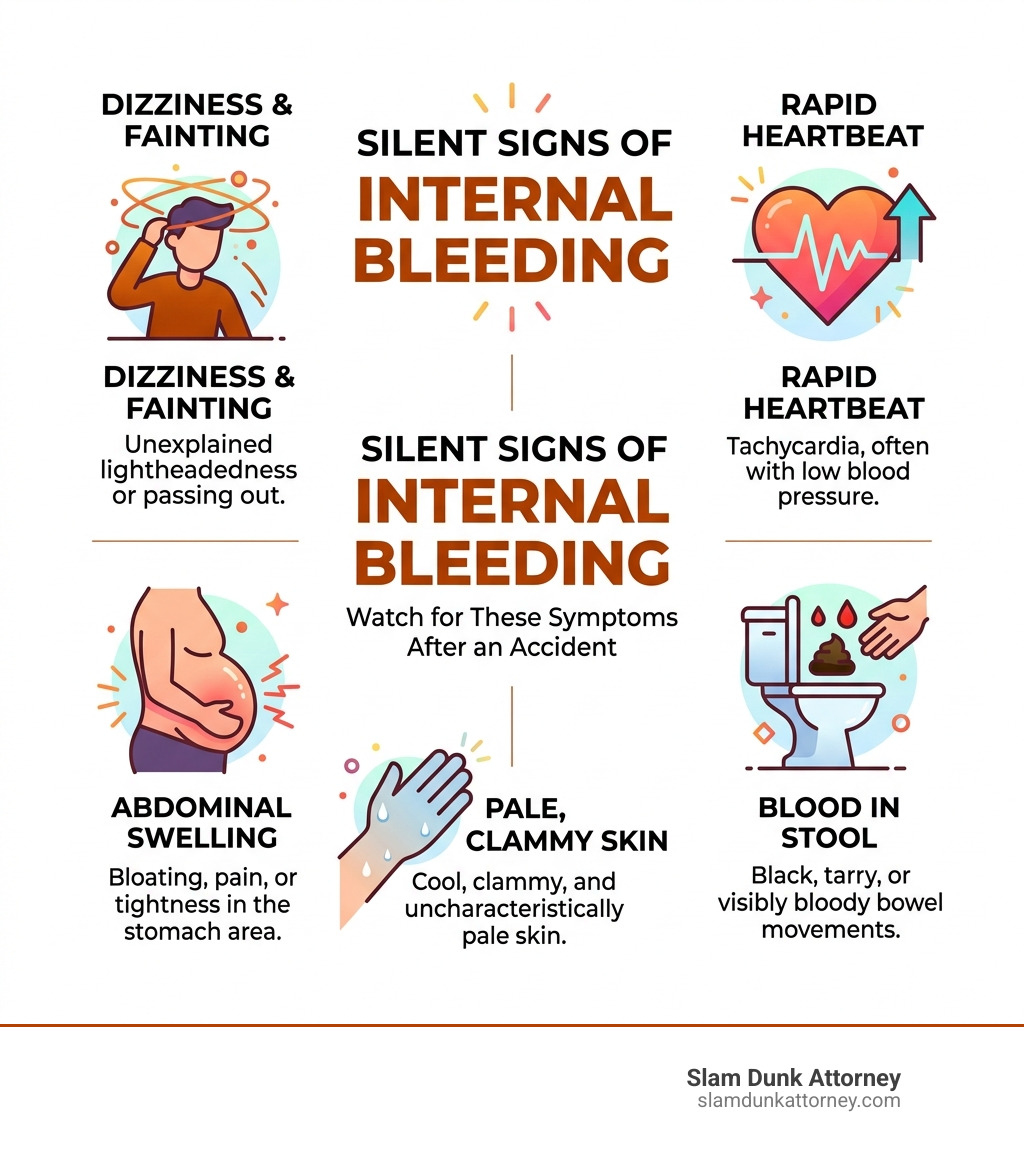 Infographic for Duluth, Georgia residents showing silent signs of internal bleeding including dizziness rapid heartbeat abdominal swelling pale skin and Infographic for Duluth, Georgia residents showing silent signs of internal bleeding including dizziness rapid heartbeat abdominal swelling pale skin and