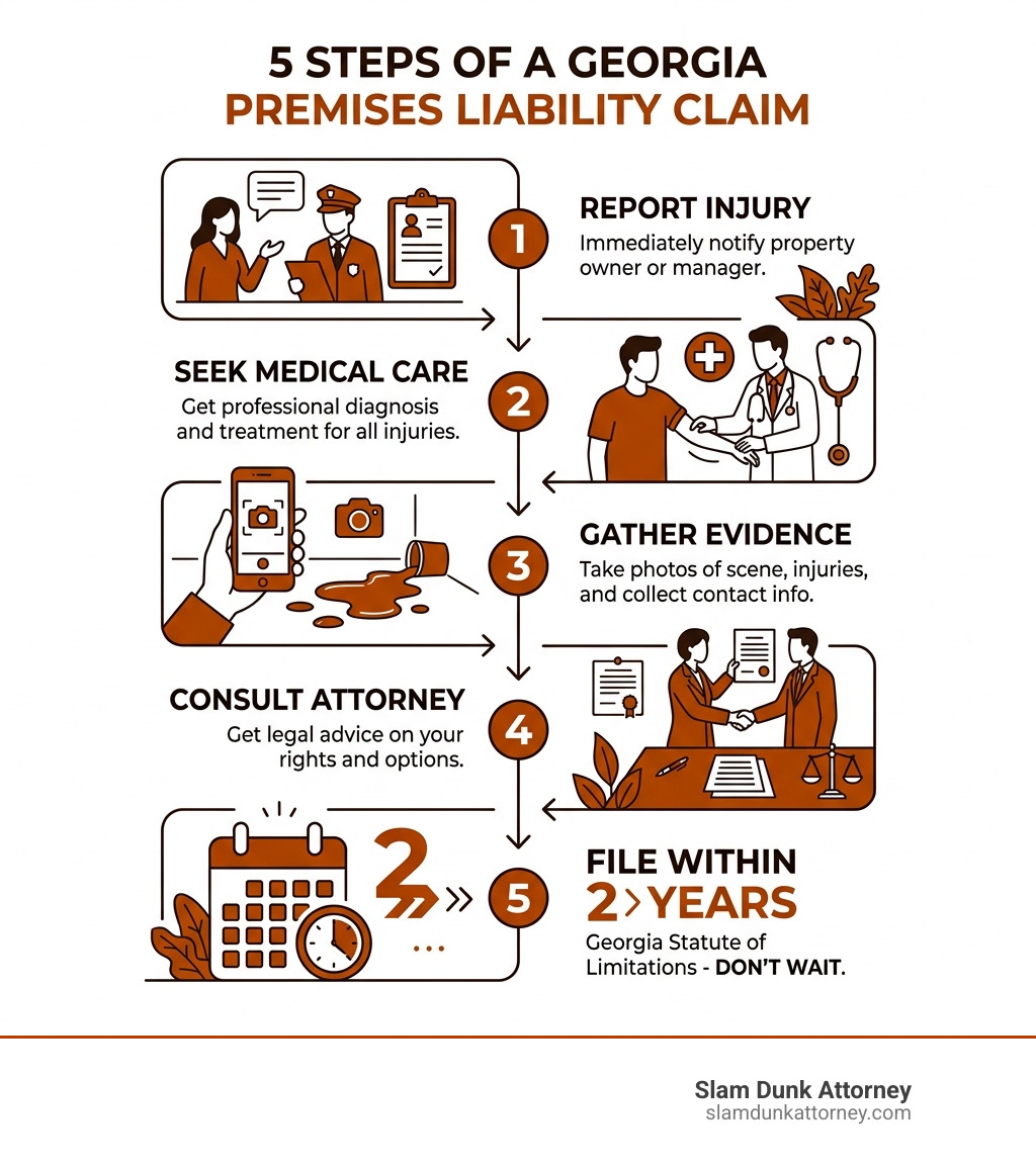 infographic showing 5 steps of a Georgia premises liability claim: report injury, seek medical care, gather evidence infographic showing 5 steps of a Georgia premises liability claim: report injury, seek medical care, gather evidence