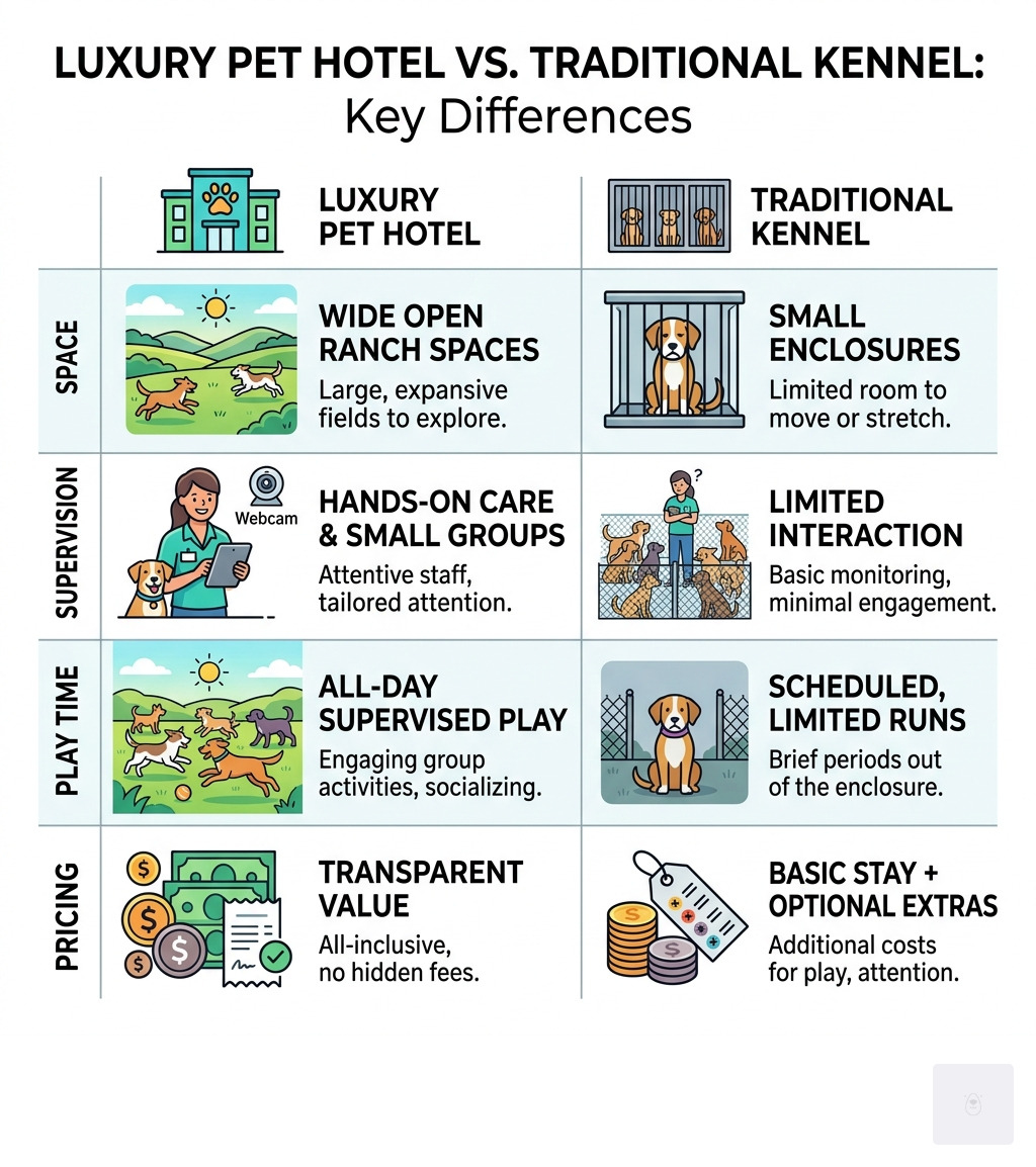 Infographic comparing luxury pet hotels vs traditional kennels on space, supervision, play time, and pricing - best pet Infographic comparing luxury pet hotels vs traditional kennels on space, supervision, play time, and pricing - best pet