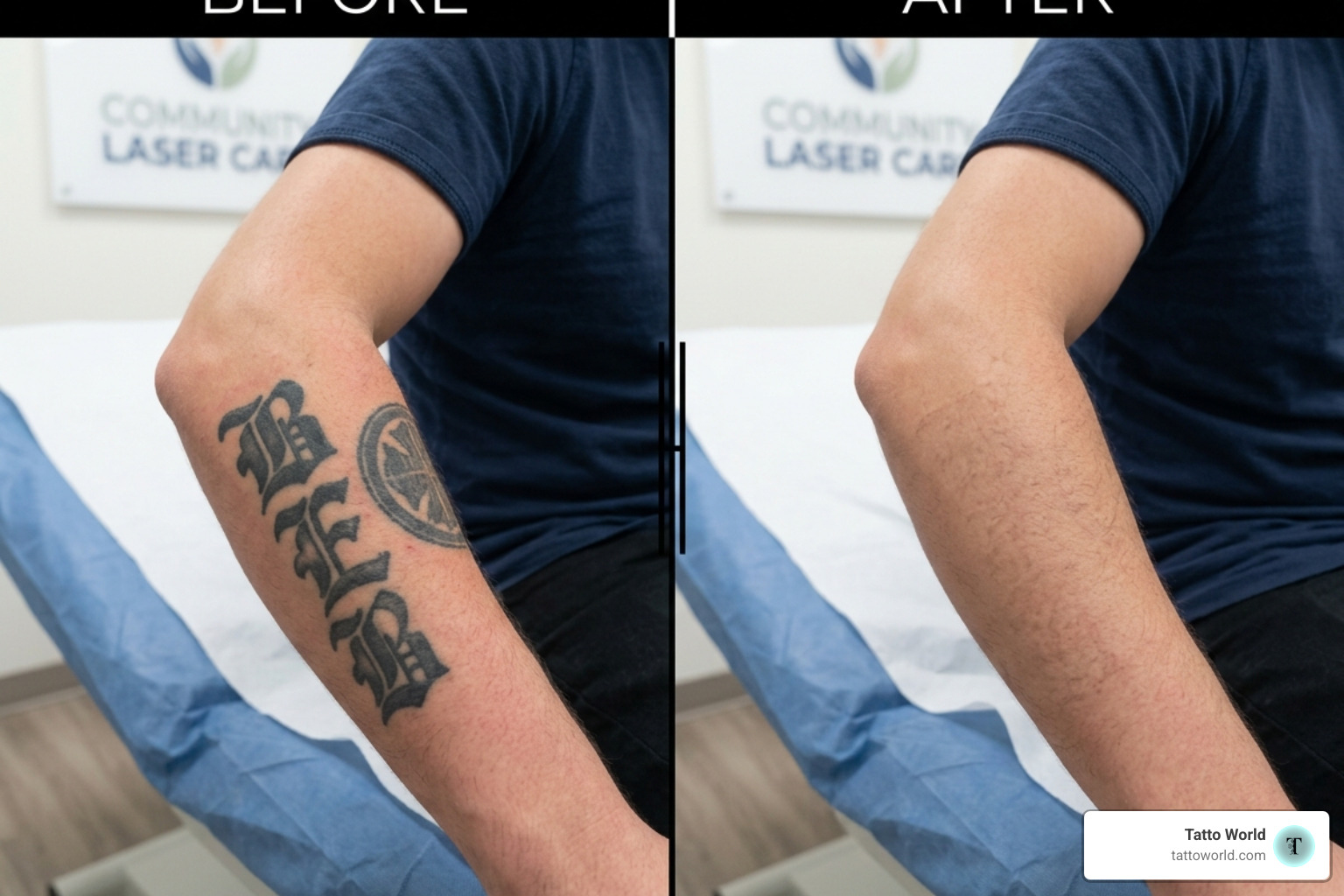 Before and after results from a community tattoo removal program showing a faded gang tattoo - affordable tattoo removal