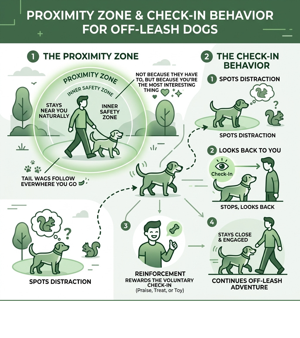 infographic showing the Proximity Zone and Check-In behavior in off-leash dog training - dog training close to me infographic showing the Proximity Zone and Check-In behavior in off-leash dog training - dog training close to me