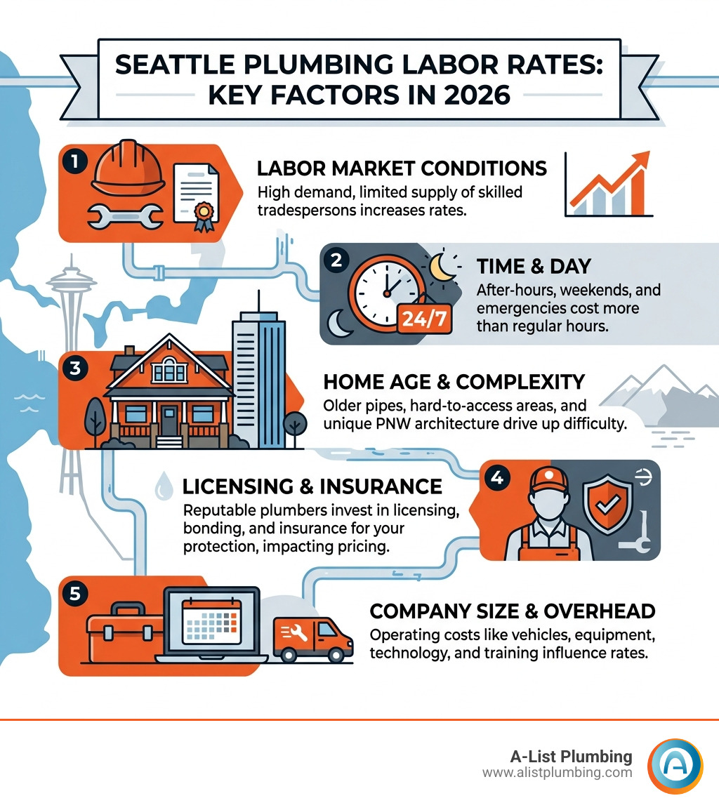 Infographic showing key factors that influence plumbing labor rates in Seattle in 2026 - affordable plumbing seattle Infographic showing key factors that influence plumbing labor rates in Seattle in 2026 - affordable plumbing seattle