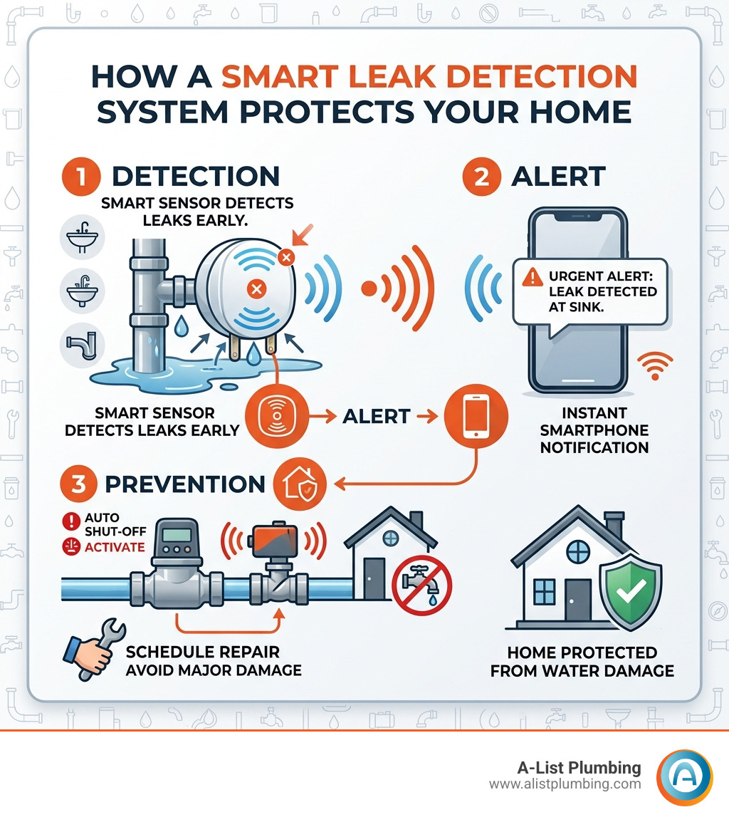 infographic showing how smart leak sensors detect leaks, send alerts, and prevent water damage - smart leak detection system