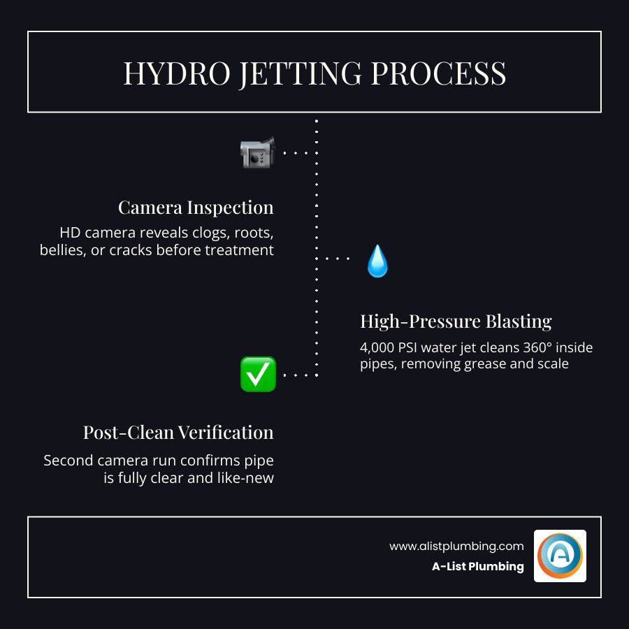 Infographic showing a side-by-side comparison of a pipe before and after hydro jetting, highlighting the removal of grease